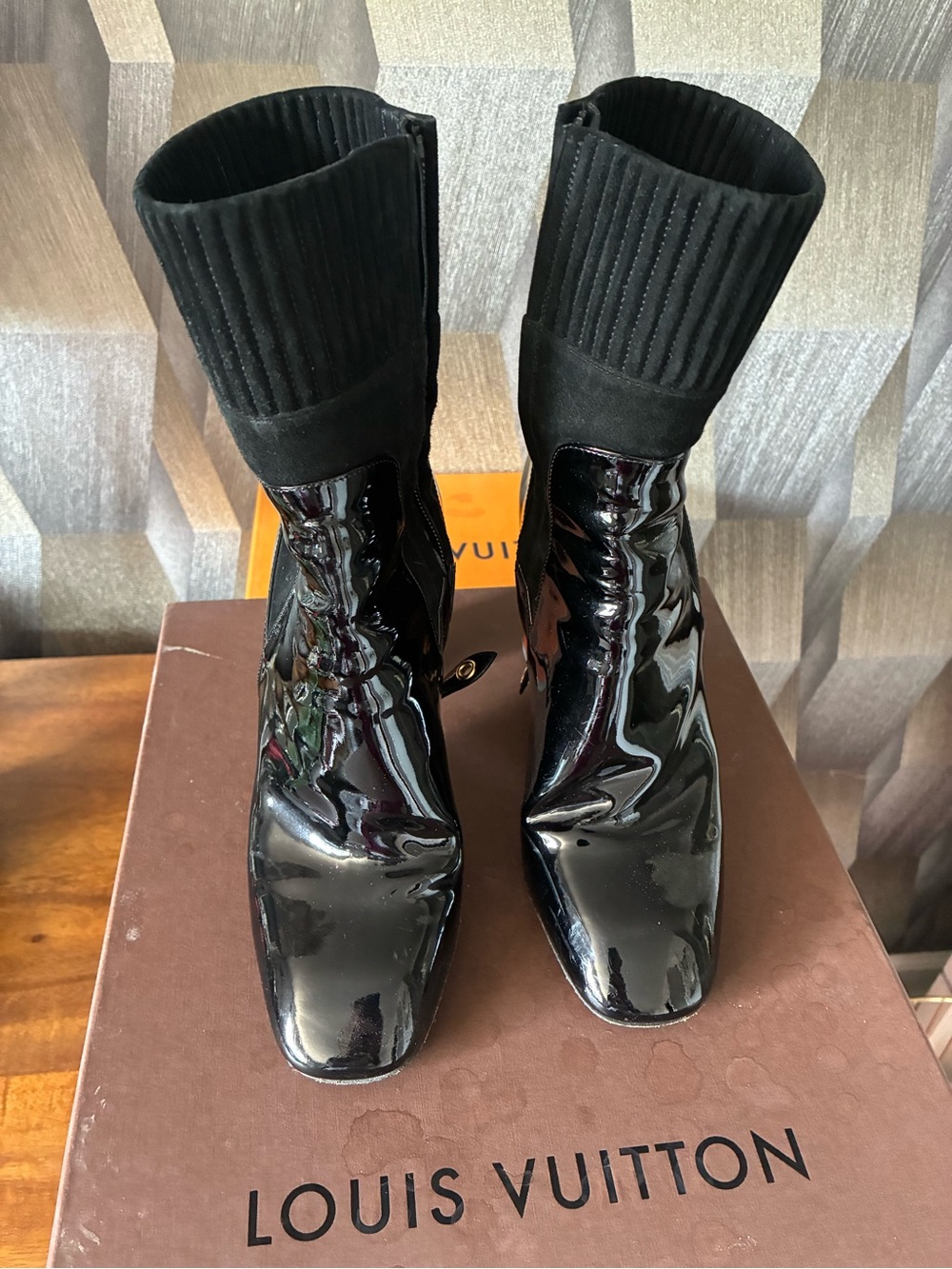 Louis Vuitton Black Patent Sock Ankle Boots with Ribbed Stretch Collar